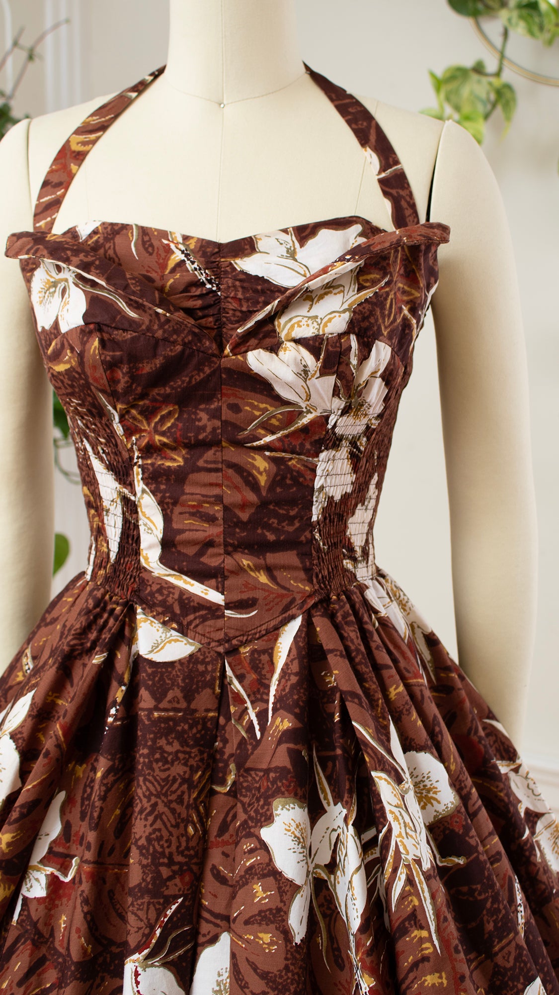 1950s ALFRED SHAHEEN Floral Hawaiian Halter Dress