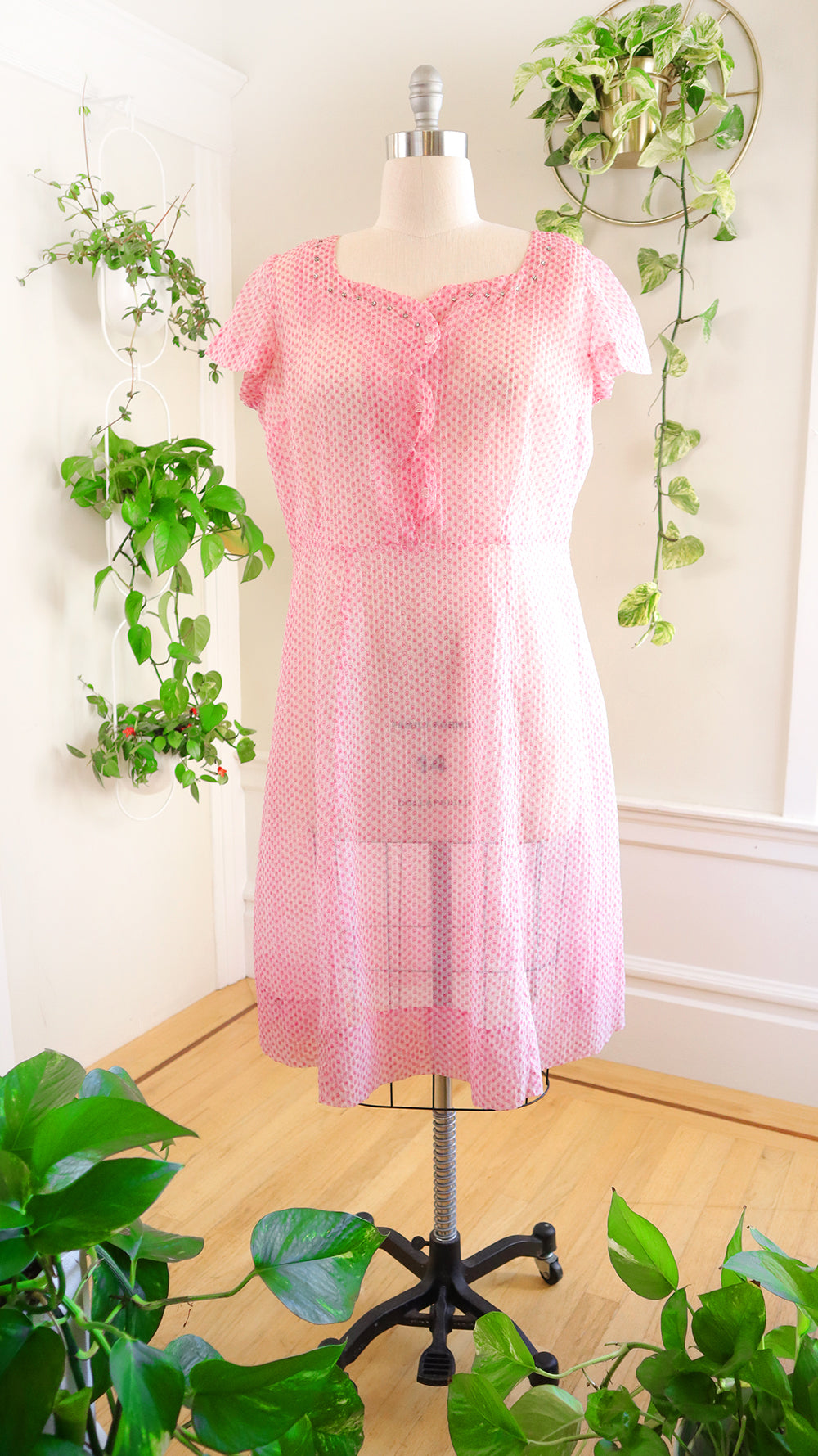 1950s Pink Printed Sheer Nylon Dress | large