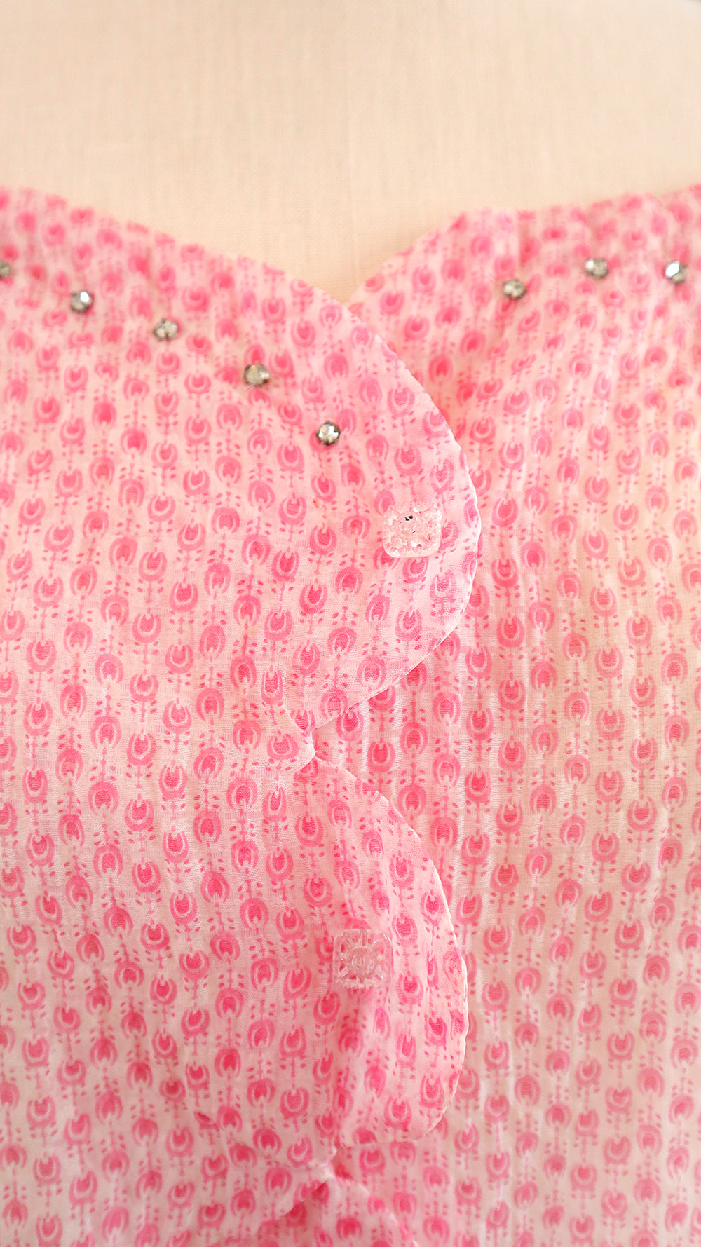 1950s Pink Printed Sheer Nylon Dress | large