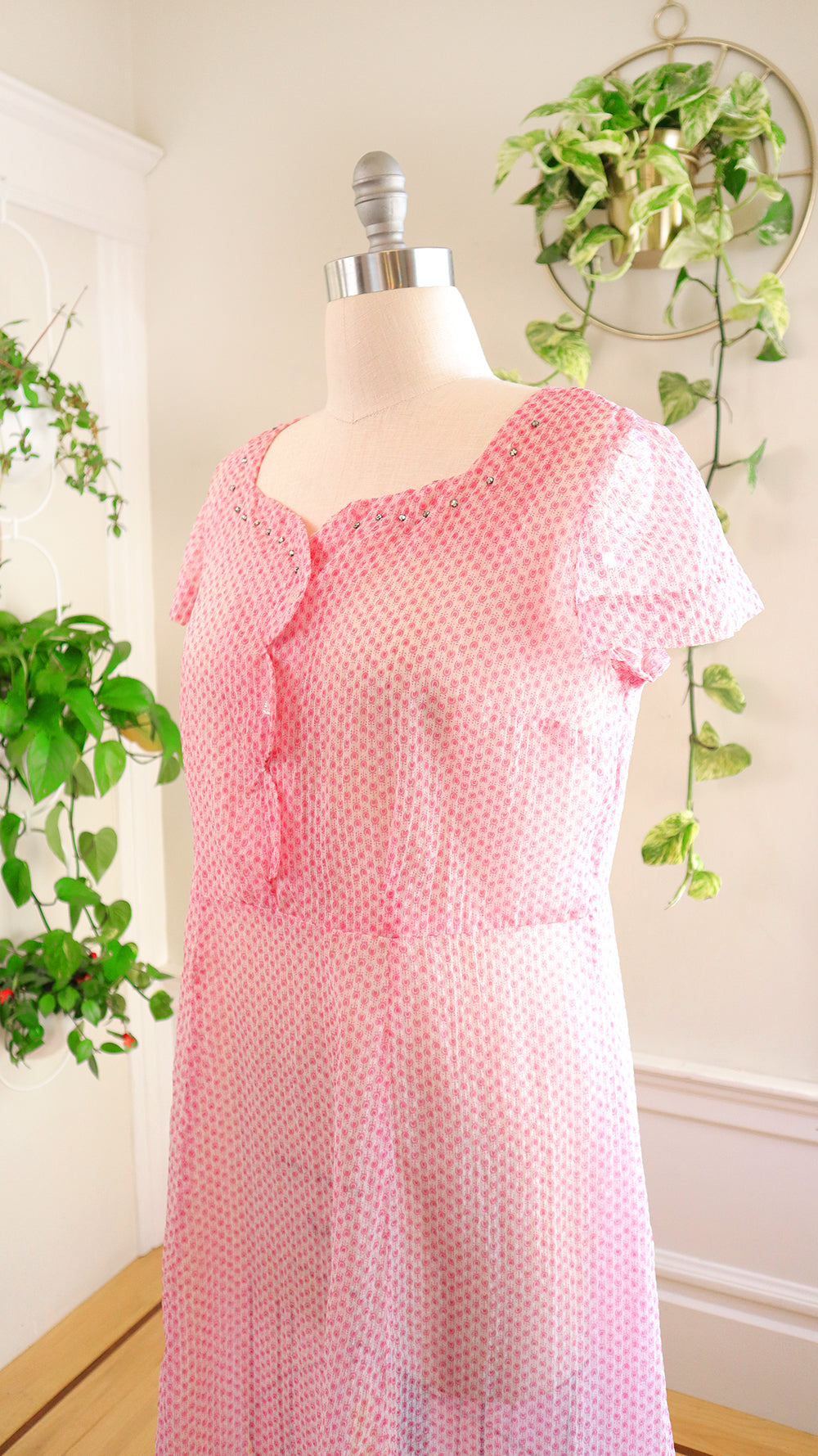 1950s Pink Printed Sheer Nylon Dress | large