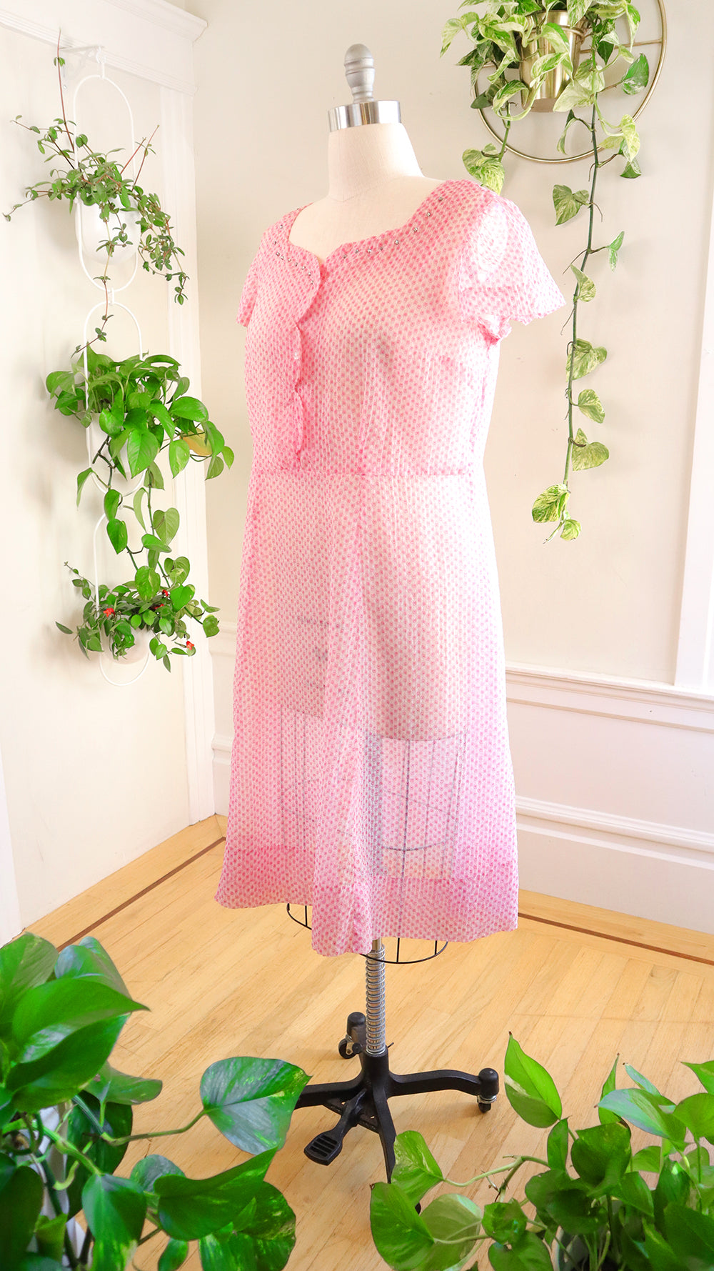 1950s Pink Printed Sheer Nylon Dress | large