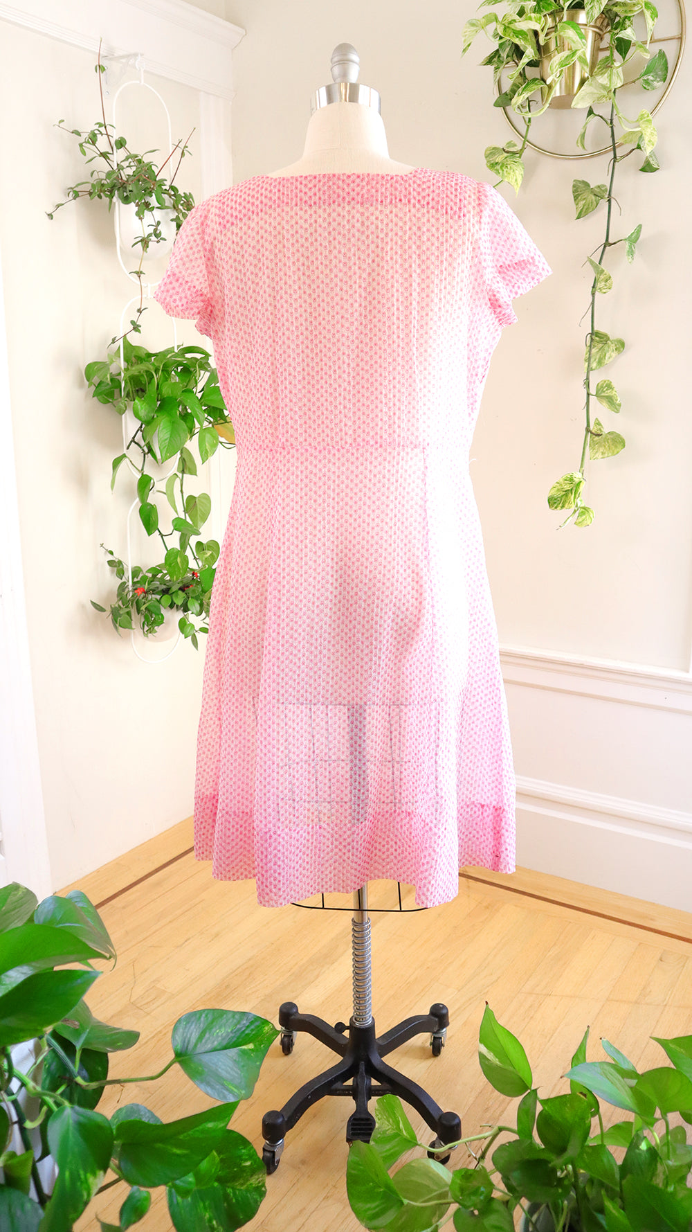 1950s Pink Printed Sheer Nylon Dress | large