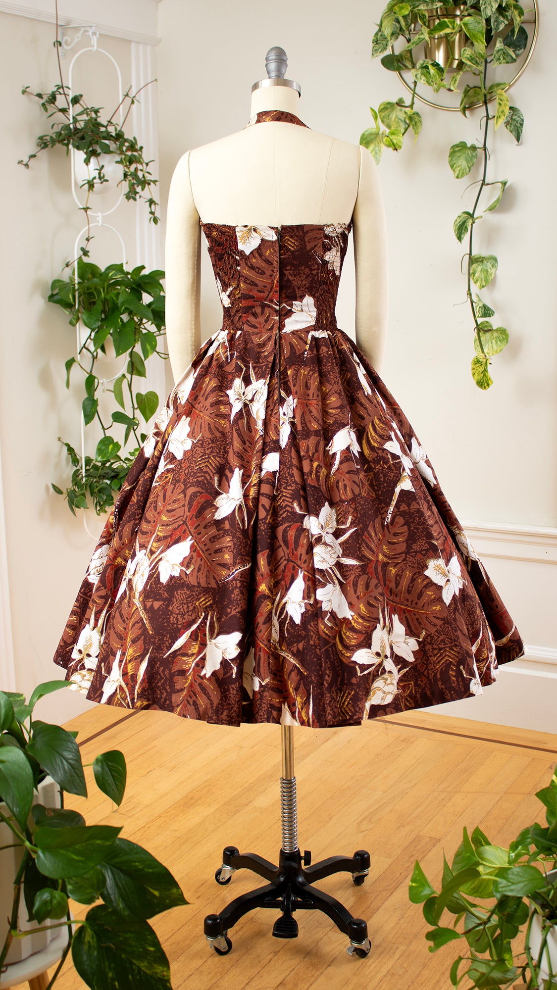 1950s ALFRED SHAHEEN Floral Hawaiian Halter Dress