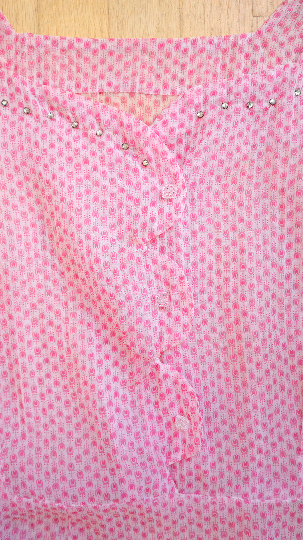 1950s Pink Printed Sheer Nylon Dress | large