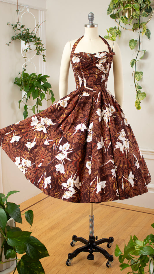 1950s ALFRED SHAHEEN Floral Hawaiian Halter Dress | x-small/small