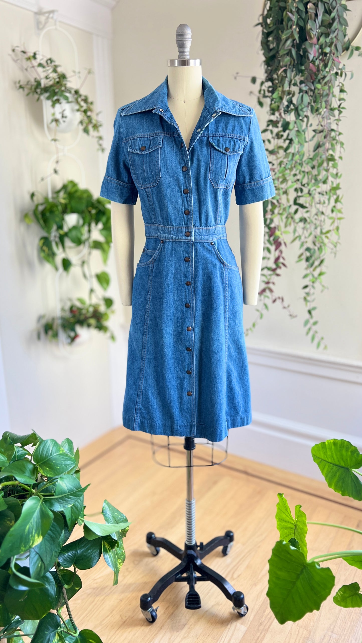 1970s Blue Denim Shirt Dress | small