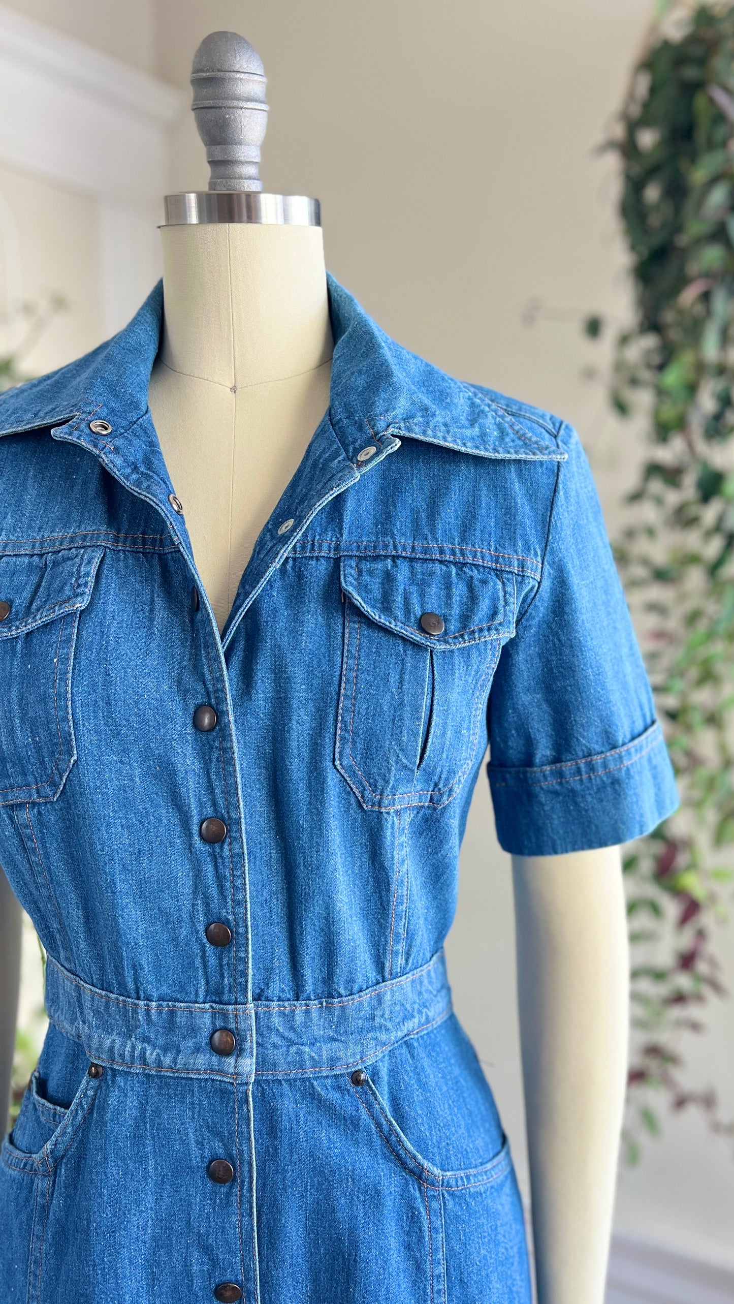 1970s Blue Denim Shirt Dress | small