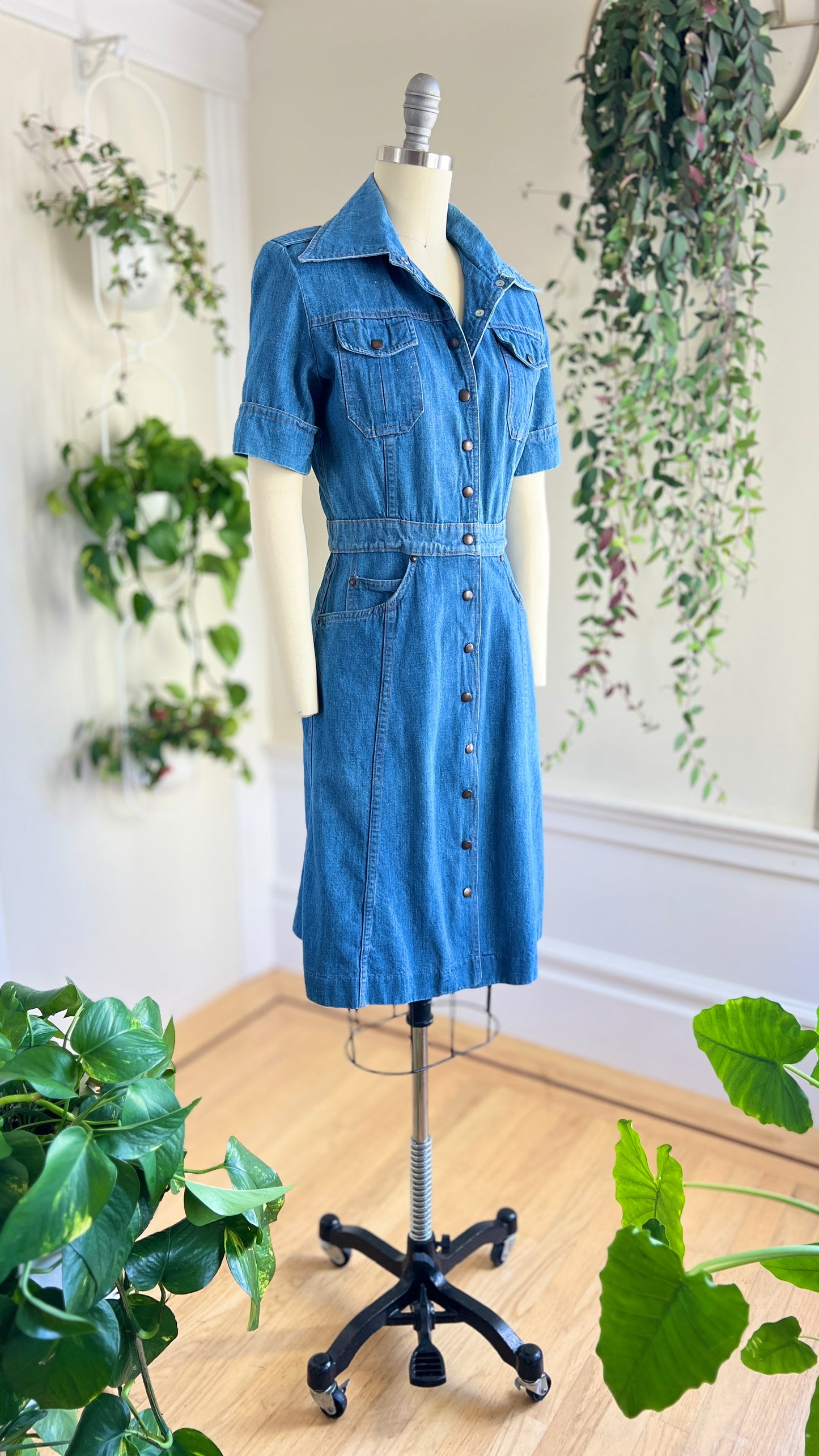 1970s Blue Denim Shirt Dress | small