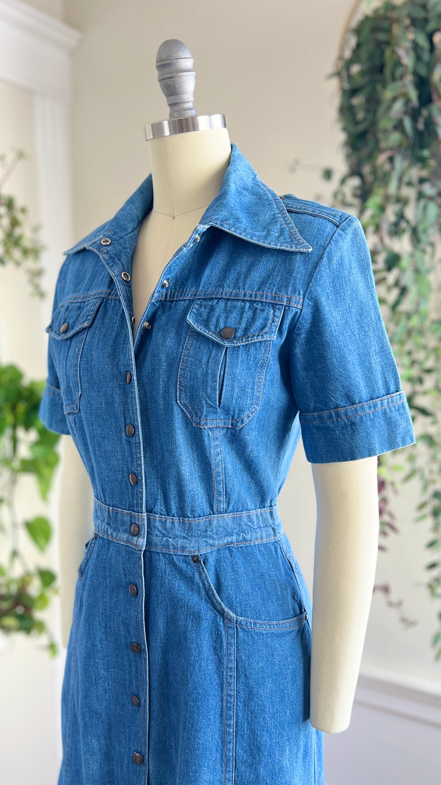 1970s Blue Denim Shirt Dress | small