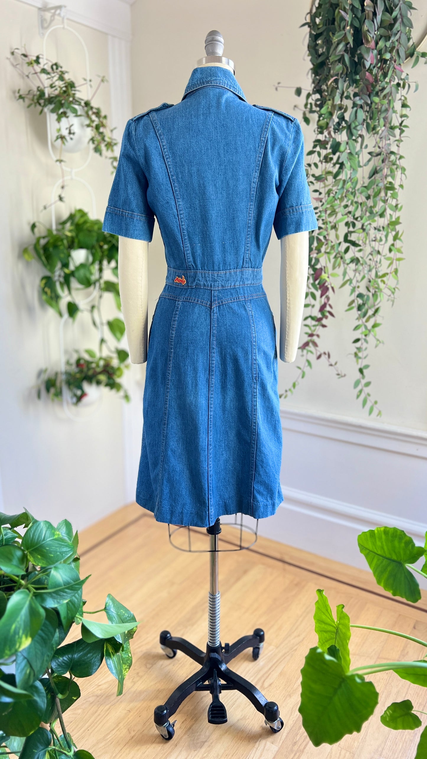 1970s Blue Denim Shirt Dress | small