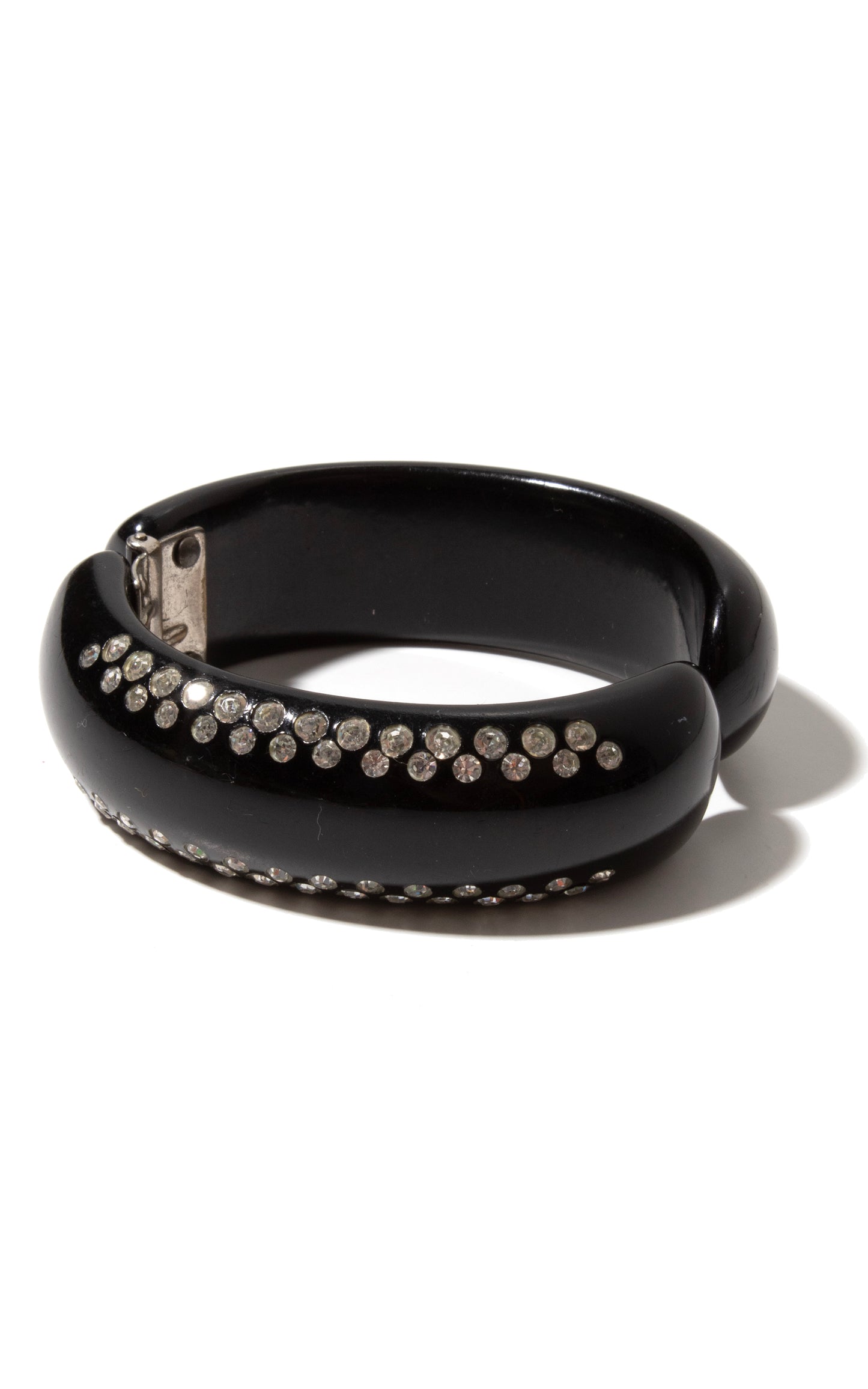 1960s Rhinestone & Black Plastic Clamper Bracelet