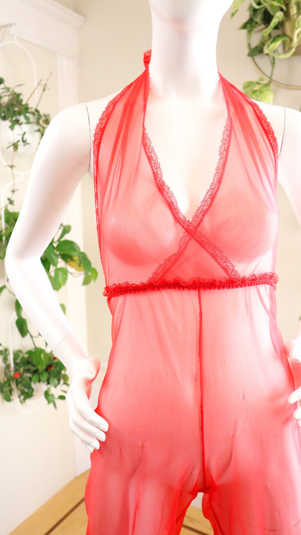 1970s 1980s Sheer Red Nylon Halter Jumpsuit | small/medium/large