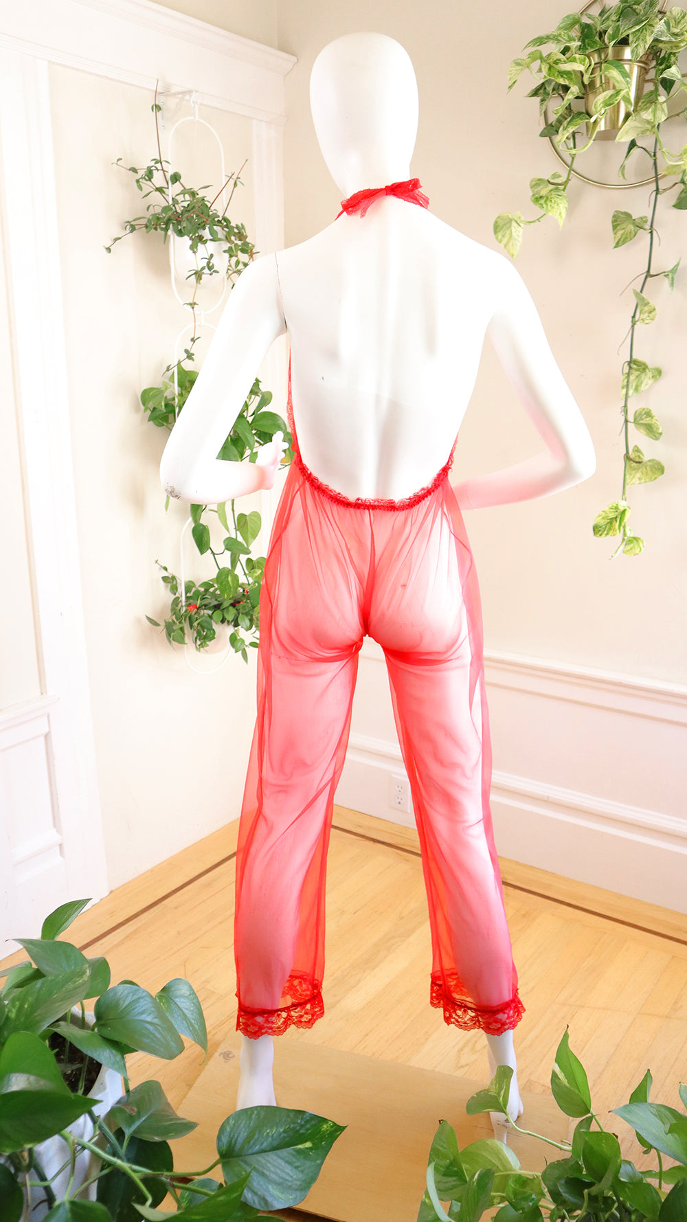 1970s 1980s Sheer Red Nylon Halter Jumpsuit | small/medium/large