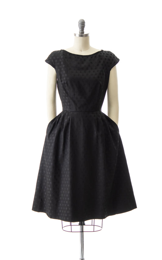 NEW ARRIVAL || 1950s Polka Dot Black Silk Dress with Pockets | small