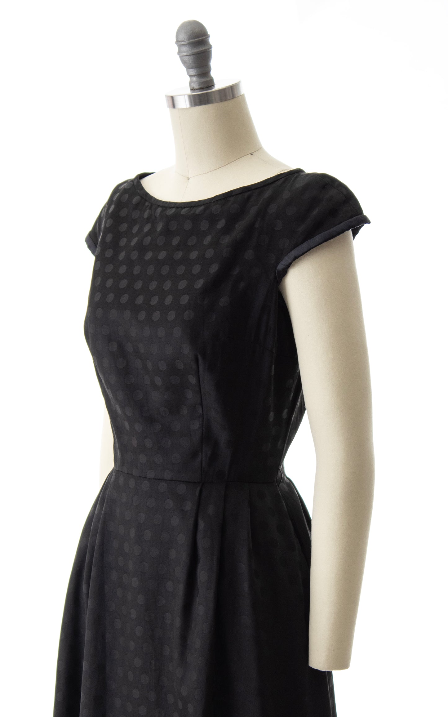 1950s Polka Dot Black Silk Dress with Pockets | small