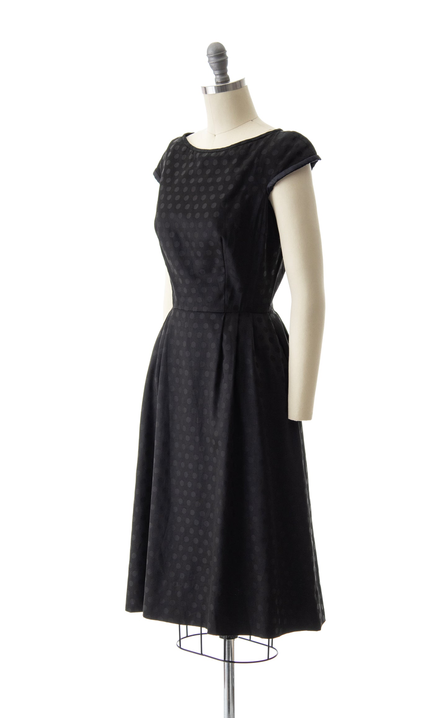 1950s Polka Dot Black Silk Dress with Pockets | small