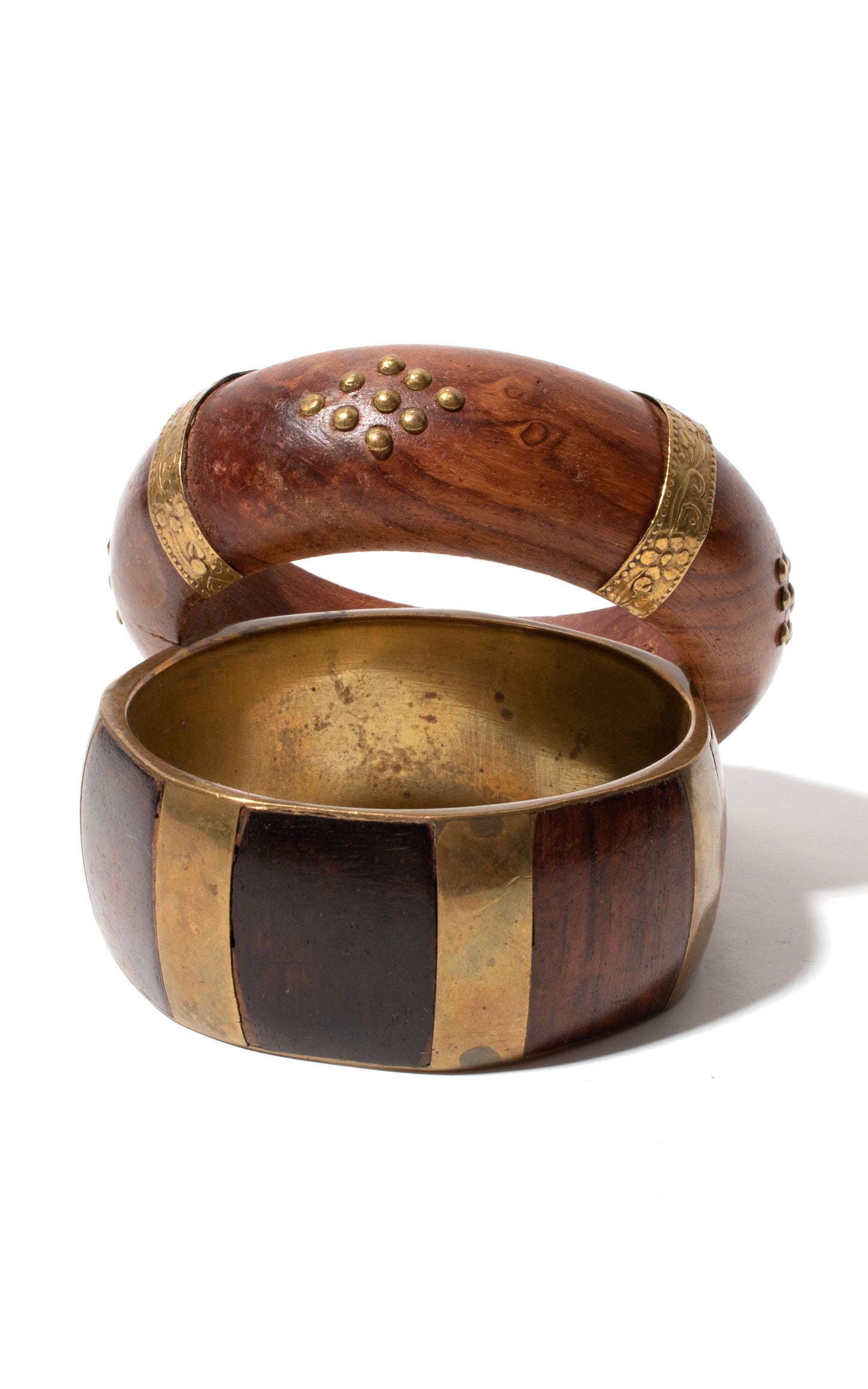 1970s 1980s Brass & Wood Bangles Set