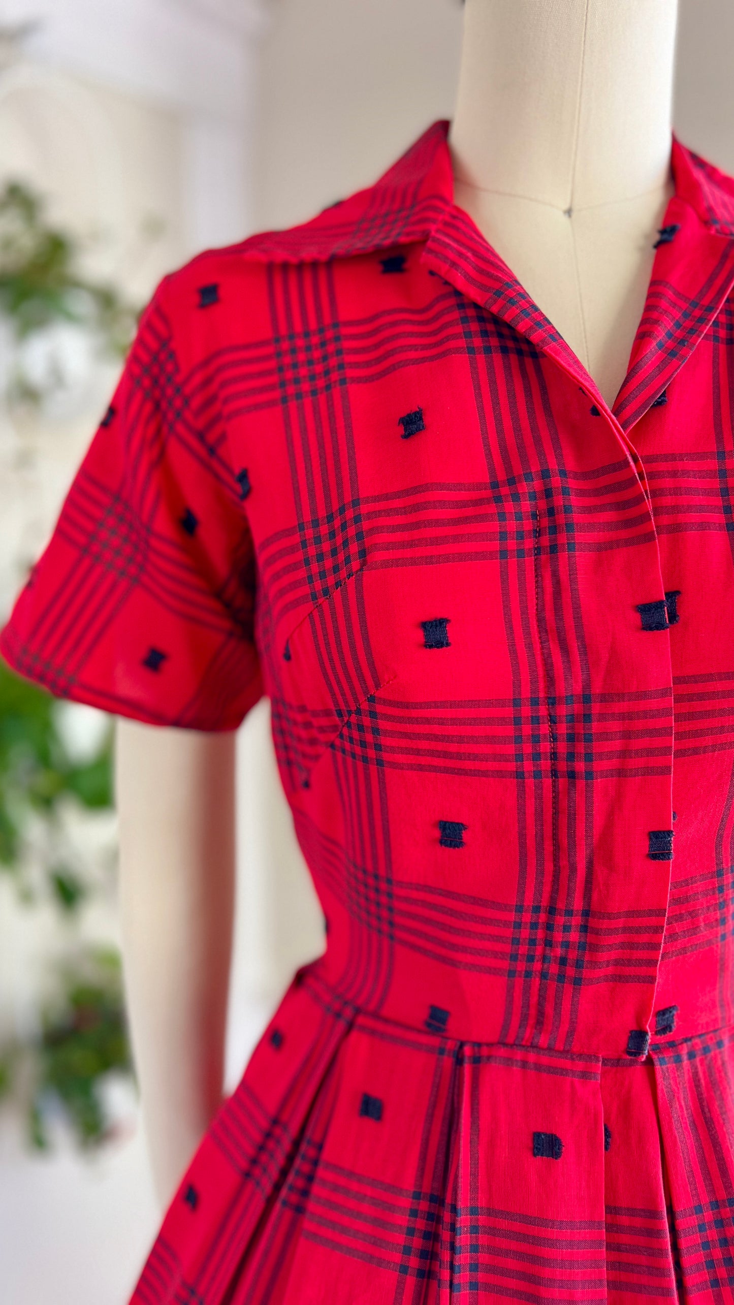 1950s Red Plaid Shirt Dress | small