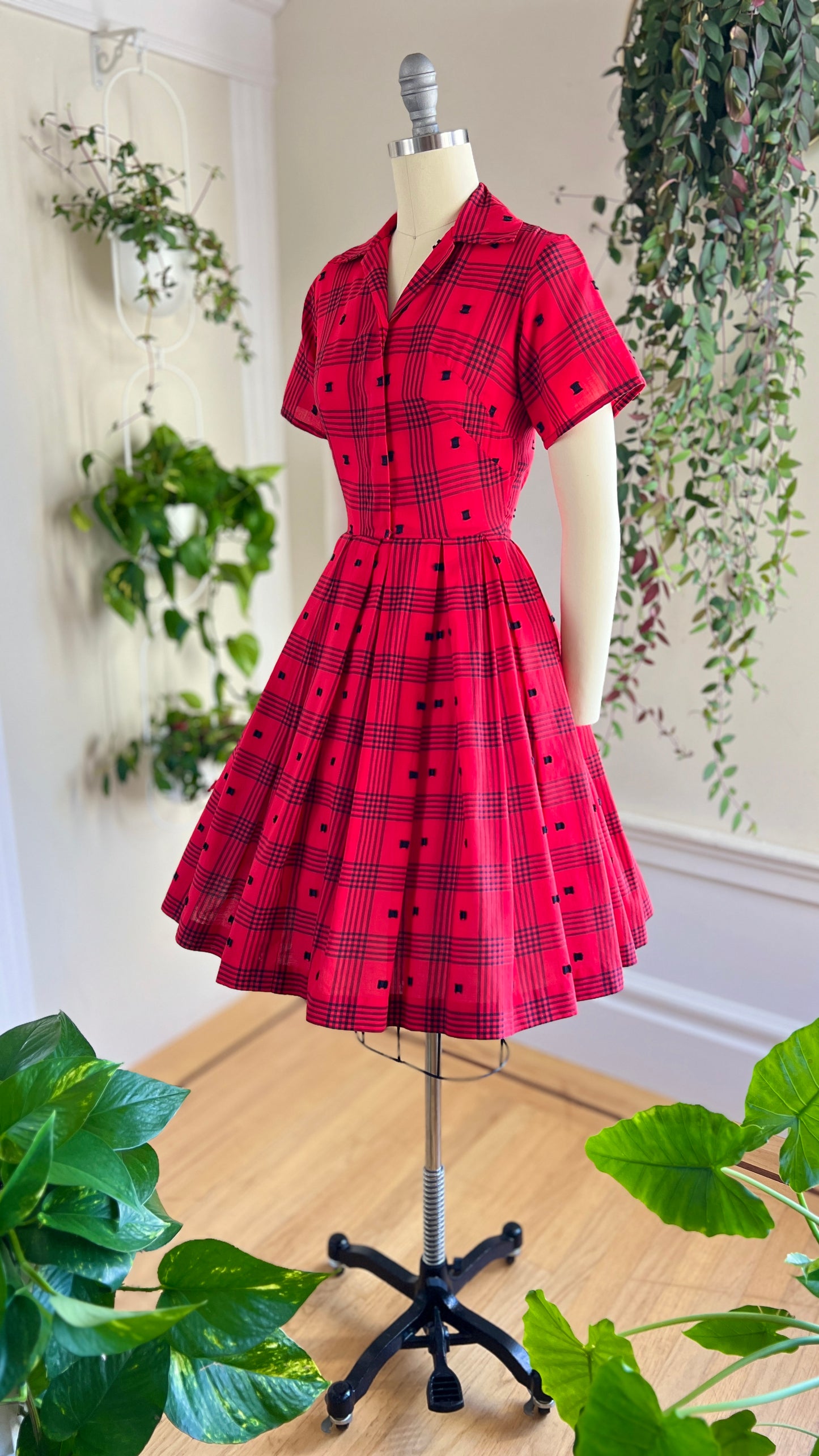 1950s Red Plaid Shirt Dress | small