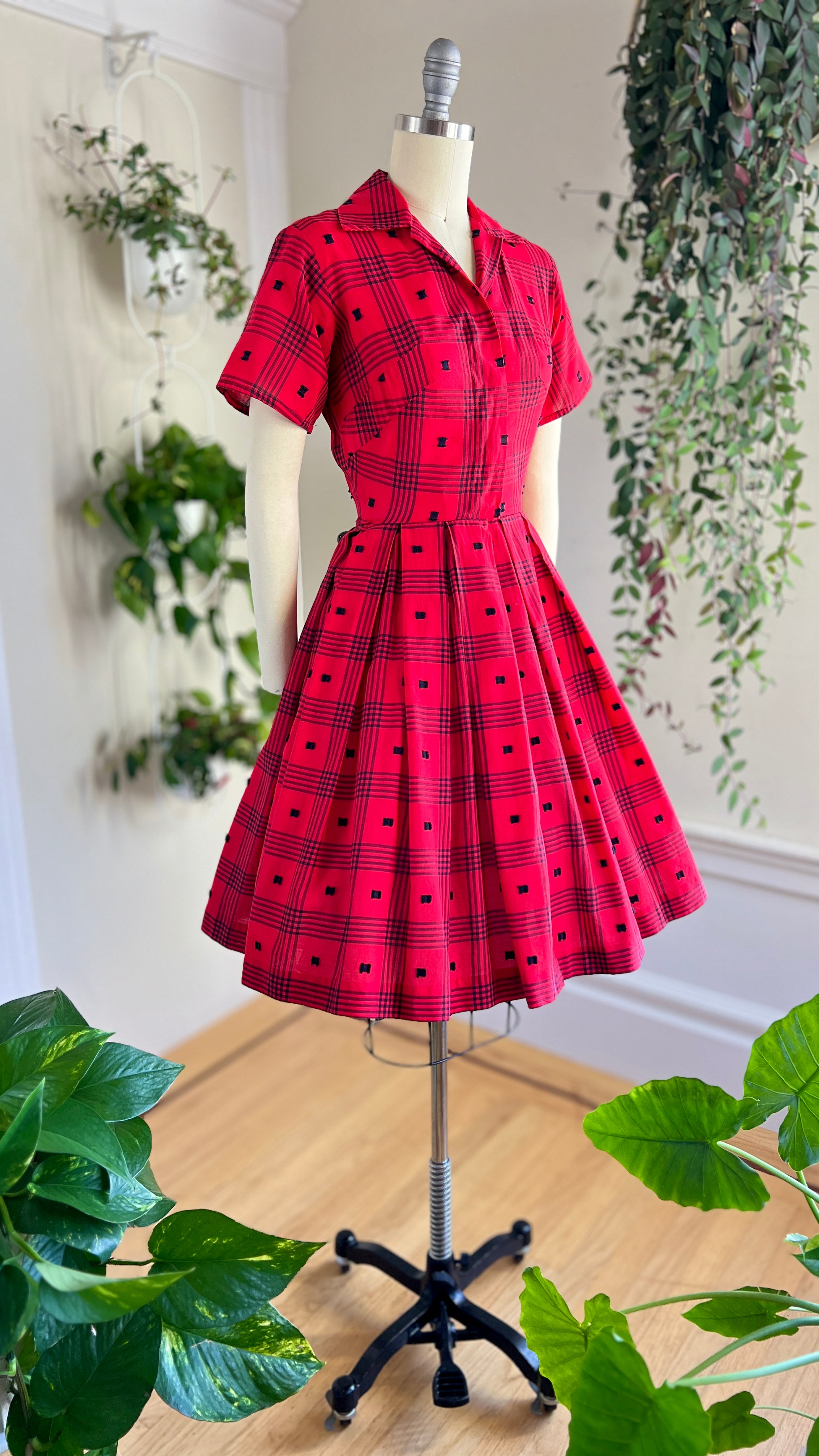 1950s Red Plaid Shirt Dress small