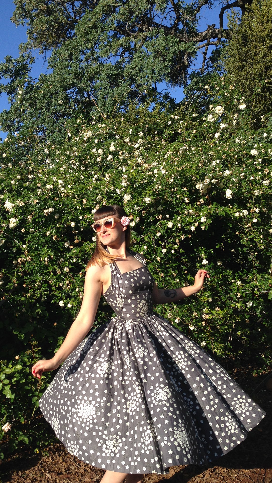 1950s Rhinestone Studded Floral Halter Dress | x-small