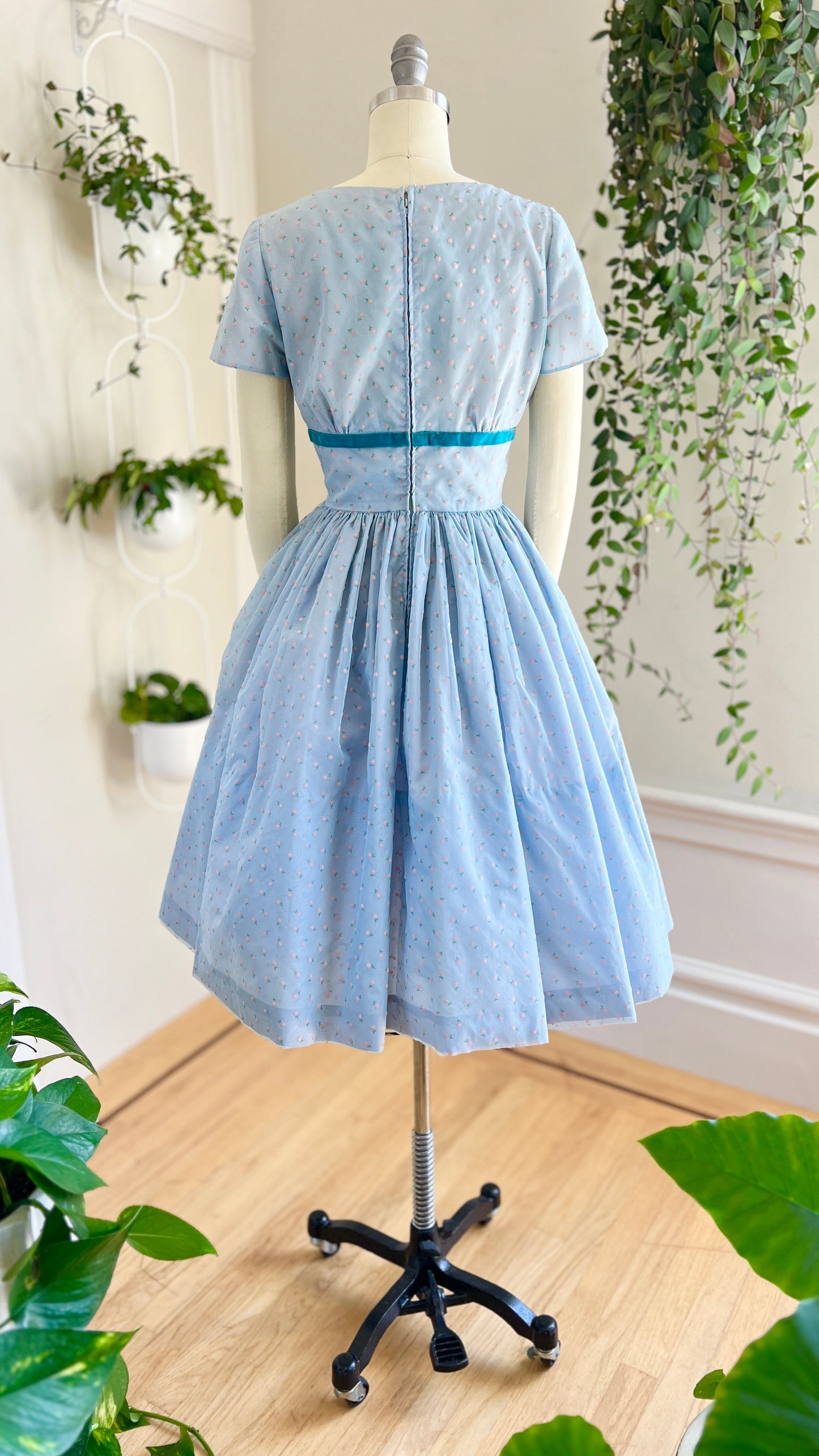 1950s Floral Flocked Dress | x-small