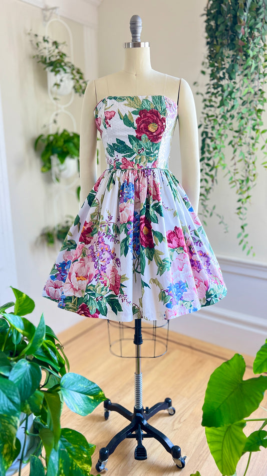 1980s Sequin Floral Strapless Dress | x-small/small