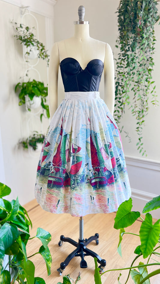 1950s Ship Novelty Border Print Skirt | small