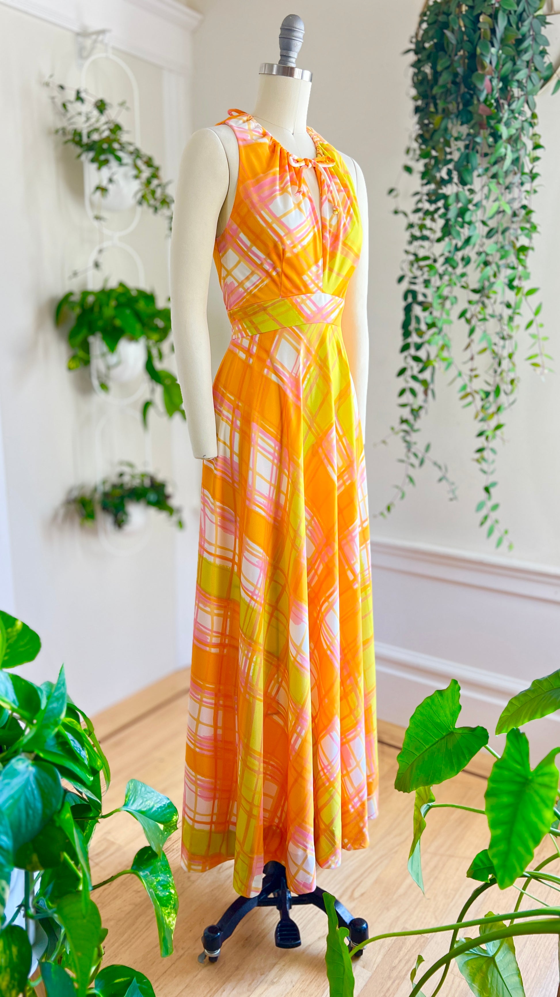 1970s Plaid Jersey Maxi Dress | x-small/small Birthday Life Vintage 1970s Plaid Jersey Maxi Dress | x-small/small Birthday Life Vintage