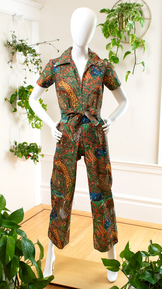Vintage 1970s 70s Animal Jungle Novelty Print Jumpsuit