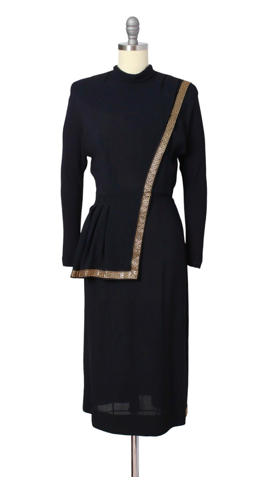 1940s Greek Key Peplum Rayon Crepe Dress | x-small
