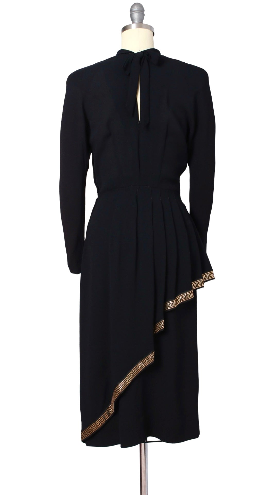 1940s Greek Key Peplum Rayon Crepe Dress | x-small
