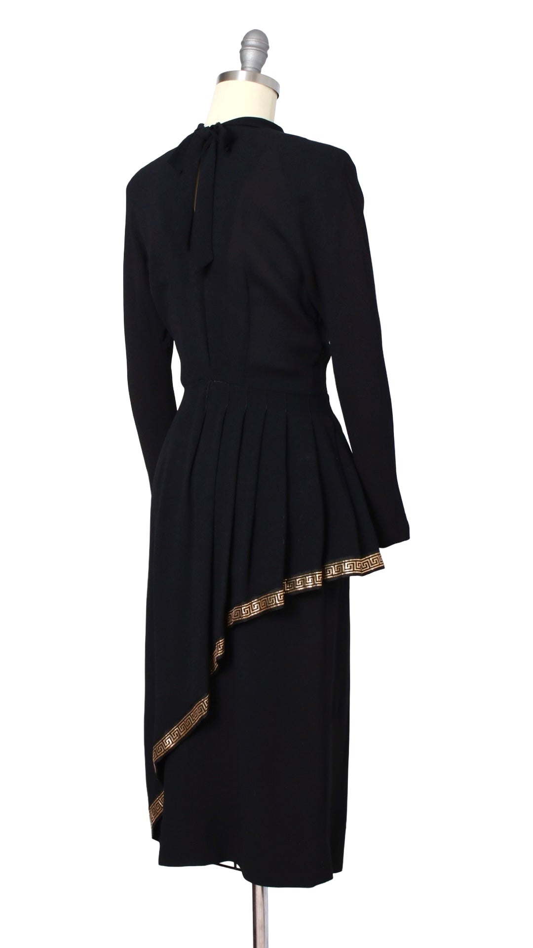 1940s Greek Key Peplum Rayon Crepe Dress | x-small