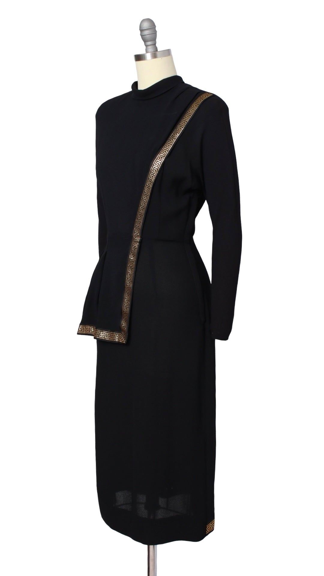 1940s Greek Key Peplum Rayon Crepe Dress | x-small