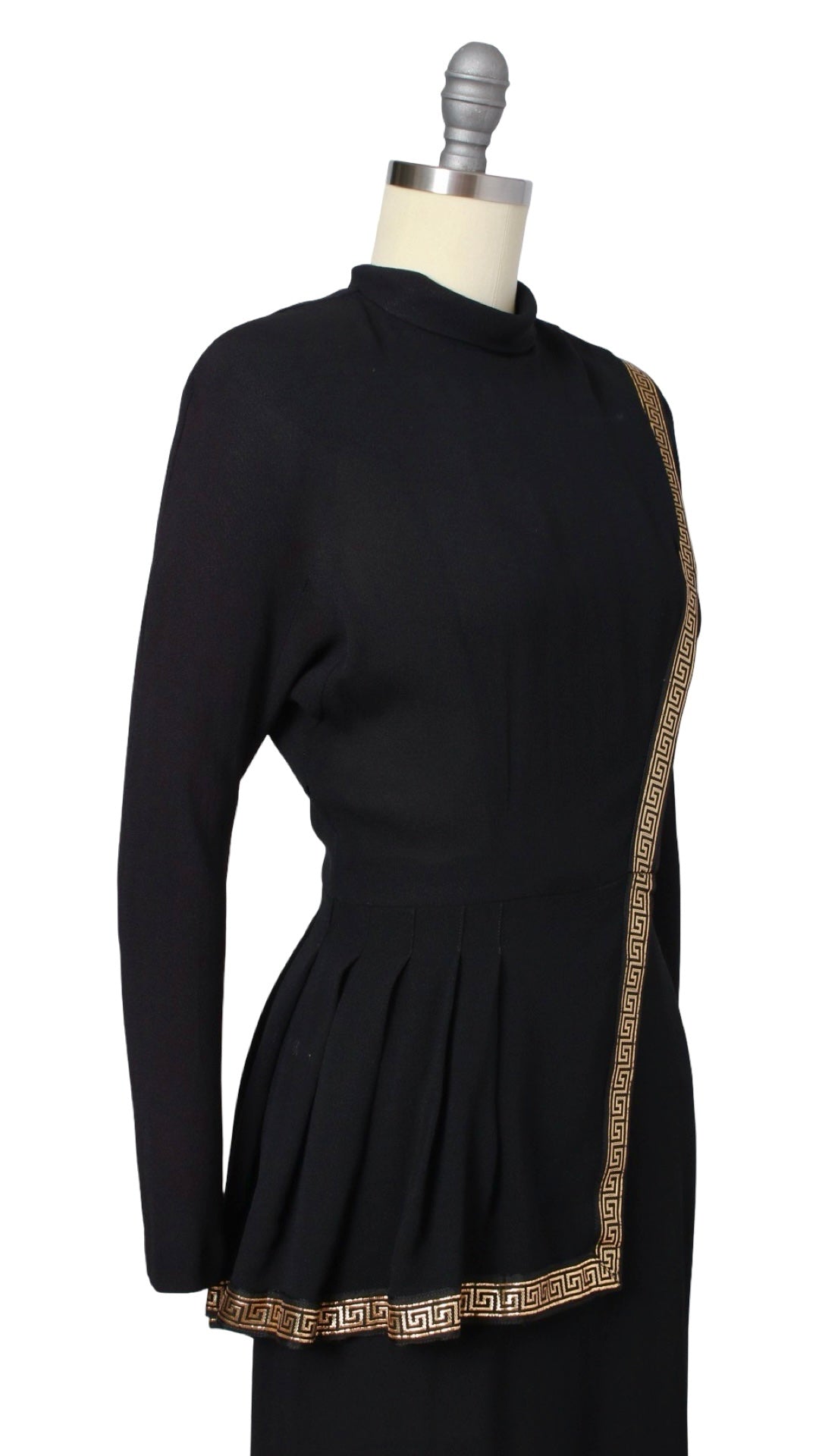 1940s Greek Key Peplum Rayon Crepe Dress | x-small