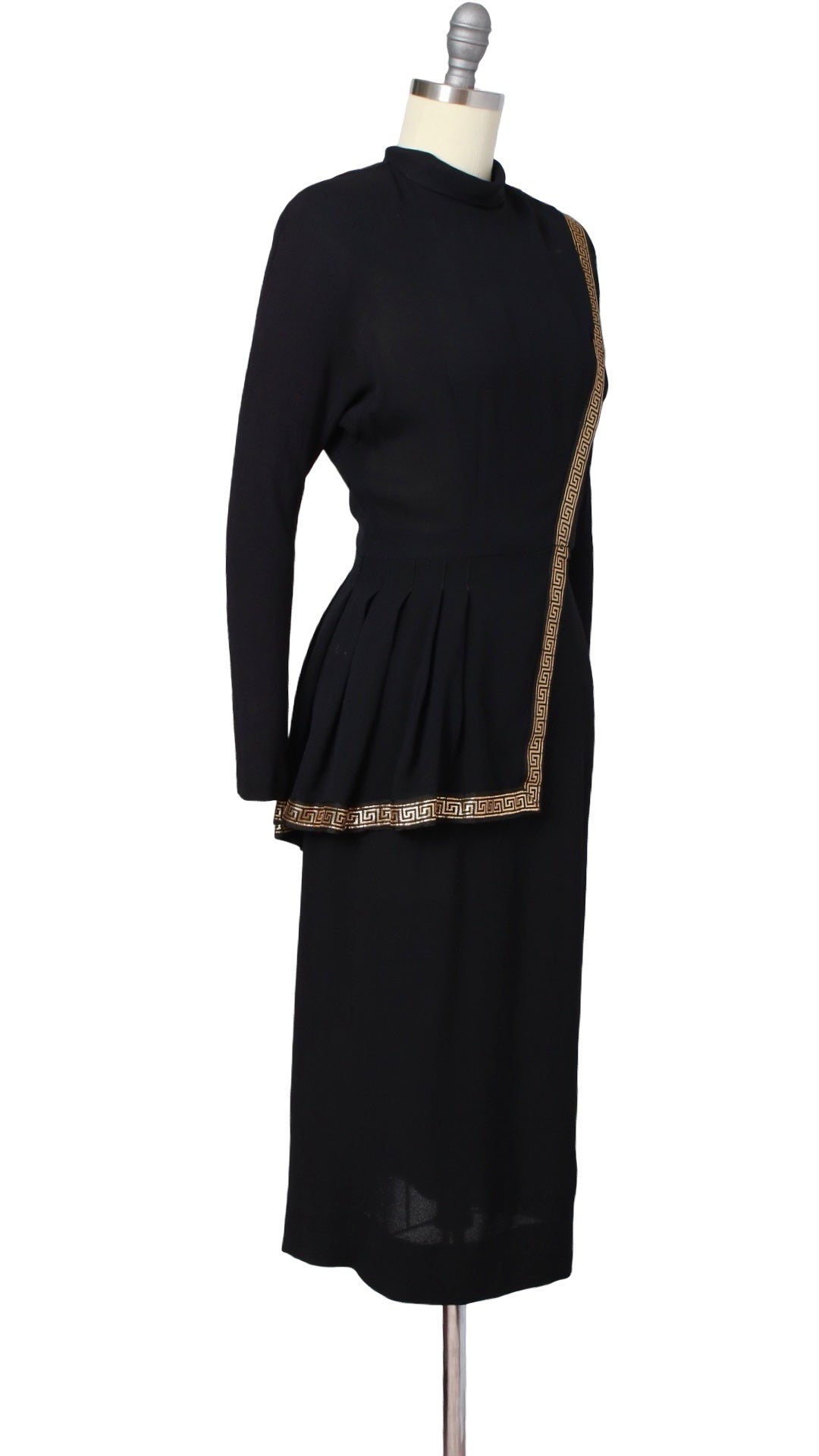 1940s Greek Key Peplum Rayon Crepe Dress | x-small