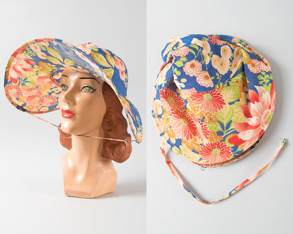 1920s Crushable / Packable Chinese Floral Cotton Sun Hat | medium/large