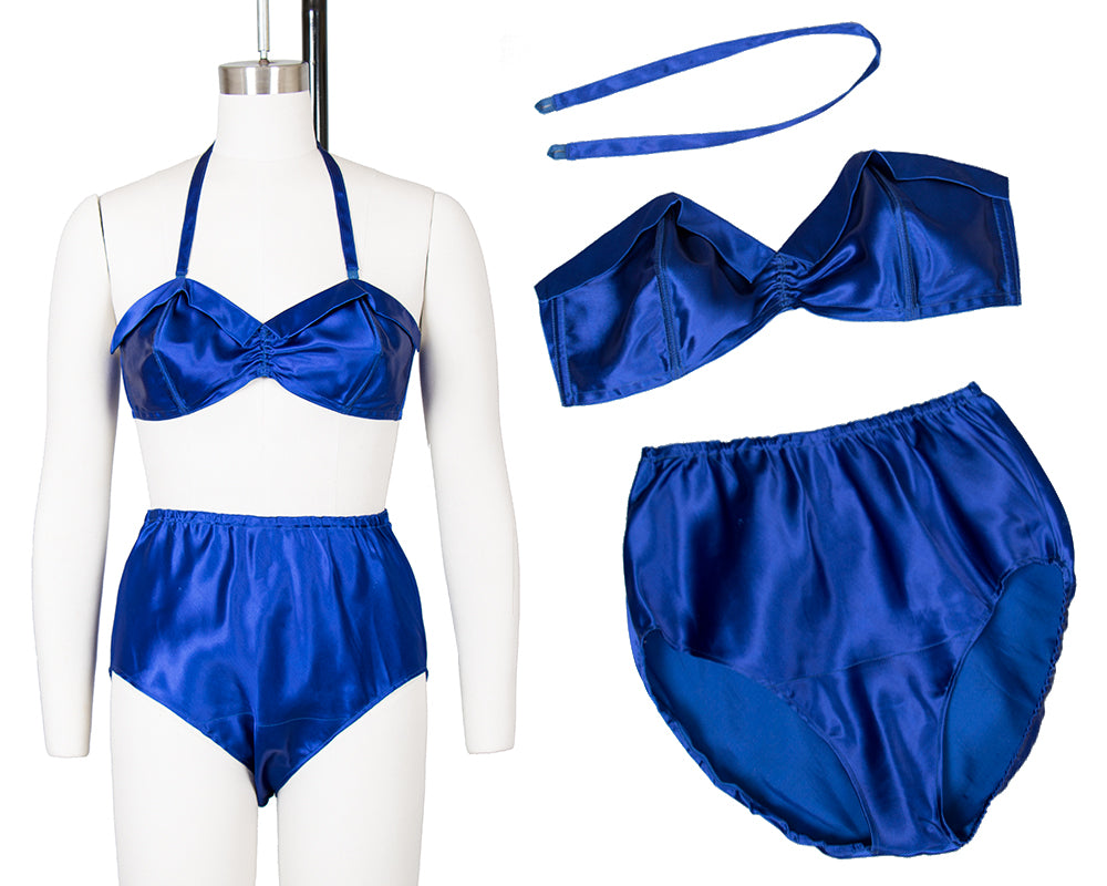 1940s Cobalt Satin Bra + Panties Set