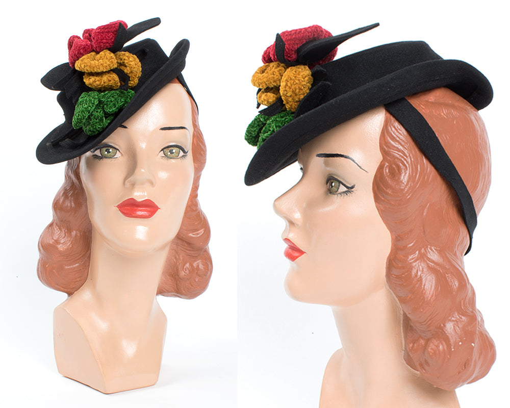 1940s Tri-Color Chenille Flowers & Black Wool Tilt Hat