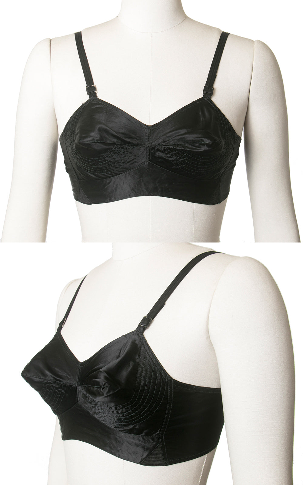 1950s Black Satin Circle Stitch Bullet Bra | 30B/C - 32B/C