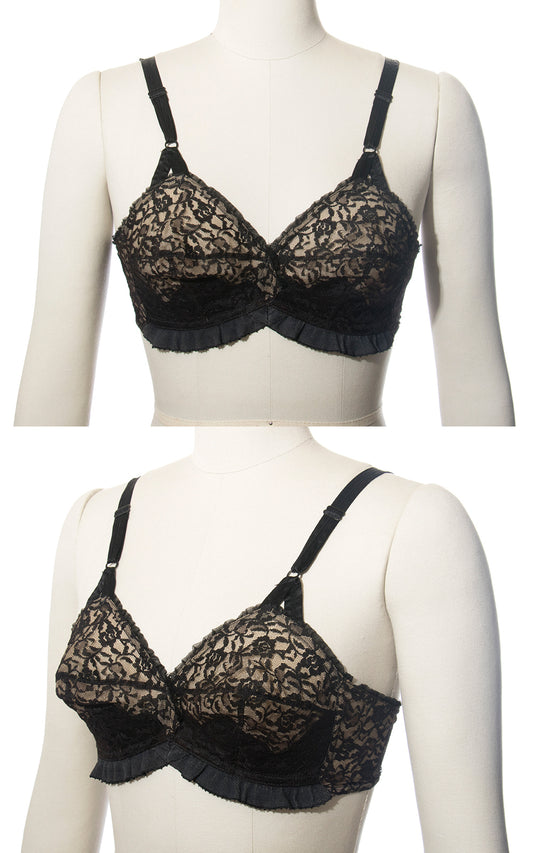 1950s Sheer Black Satin and Lace Wireless Bullet Bra | 32C