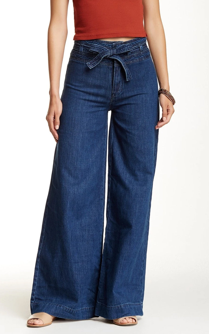 Modern Free People Augusta Blue Denim Belted High Waisted Wide Leg Jeans Pants BirthdayLifeVintage