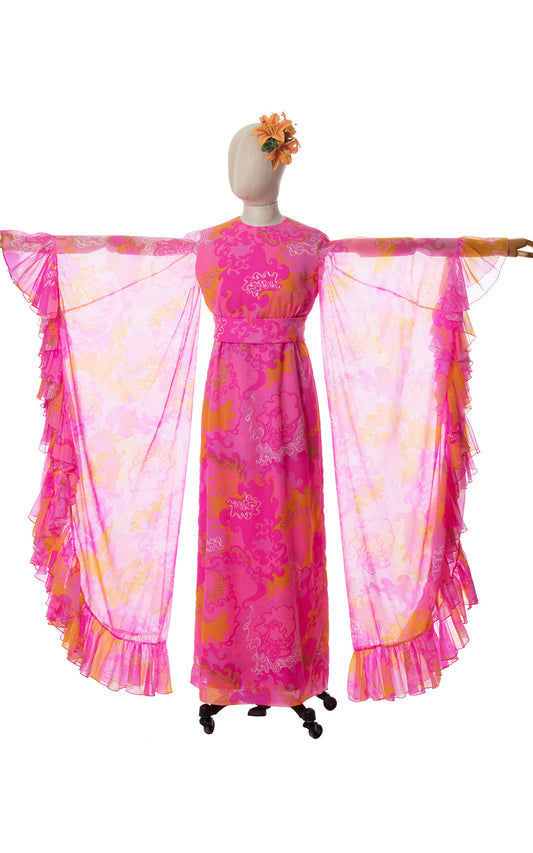 1960s Psychedelic Chiffon Ruffled Angel Sleeve Maxi Dress