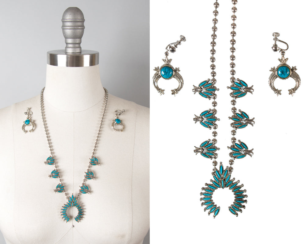 1970s Squash Blossom Faux Turquoise Silver Jewelry Set by Art