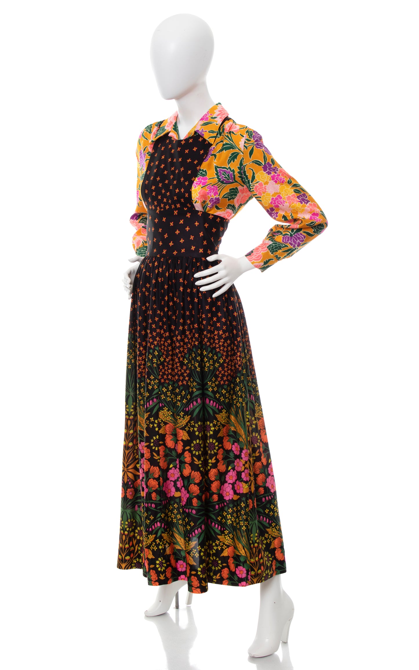 1970s Floral Border Print Bib Maxi Dress | small/medium
