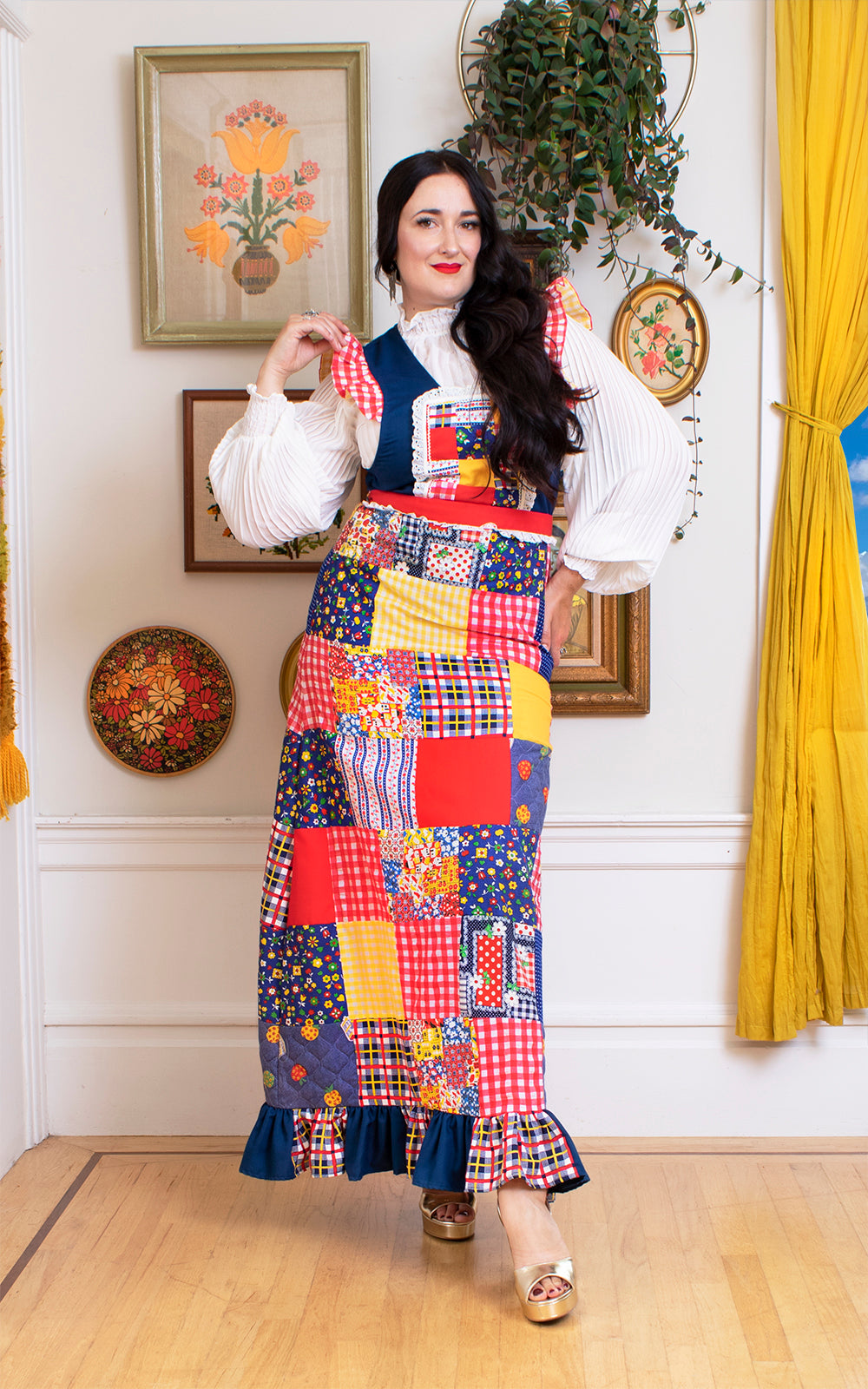 1970s Patchwork Bib Maxi Dress | small/medium 1970s Patchwork Bib Maxi Dress | small/medium