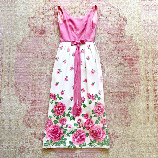 [AS-IS] 1960s Rose Border Print Maxi Dress | x-small