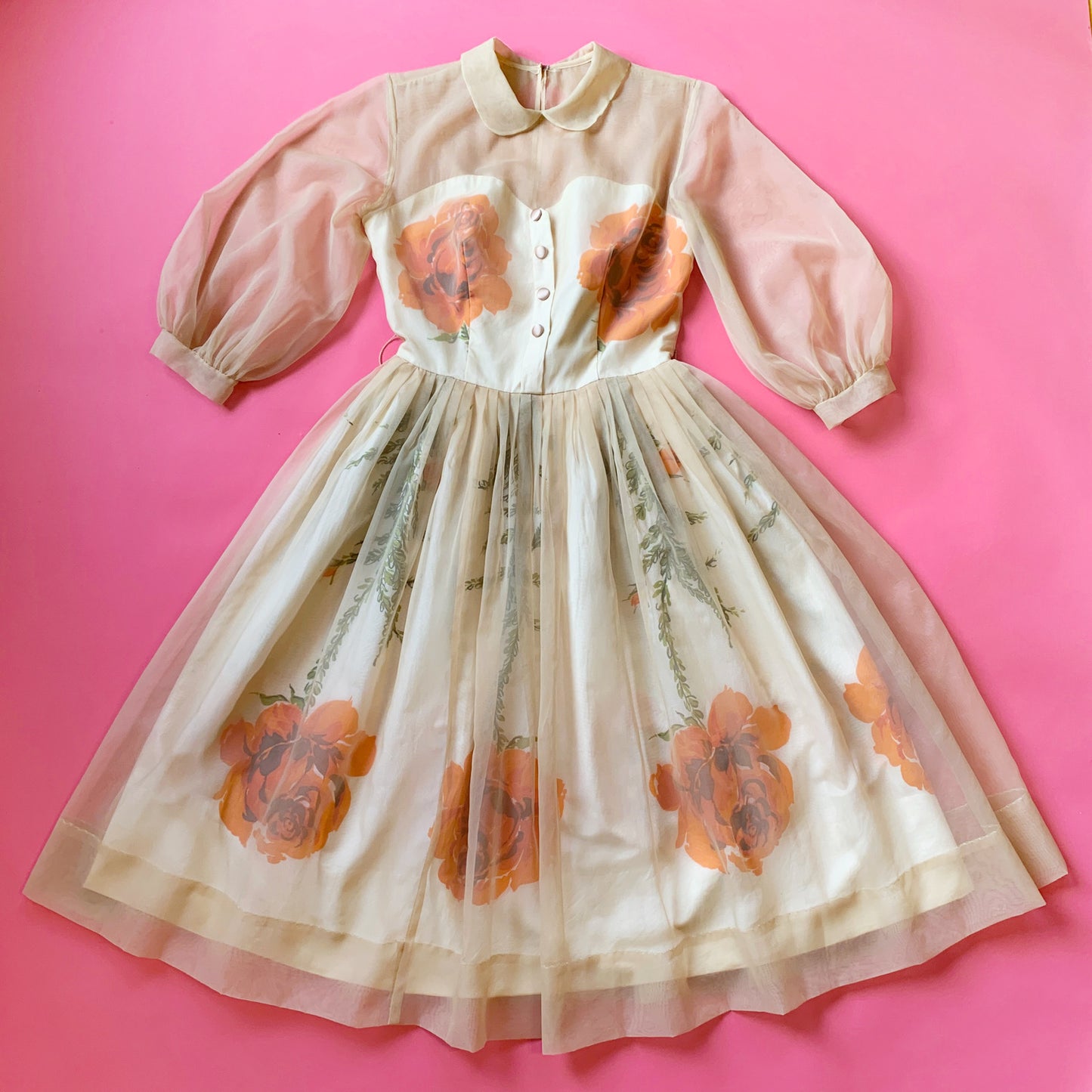 1950s Rose Border Print Cotton & Chiffon Dress | small