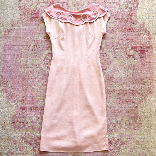[AS-IS] 1950s 1960s Soutache Linen Wiggle Dress | small/medium