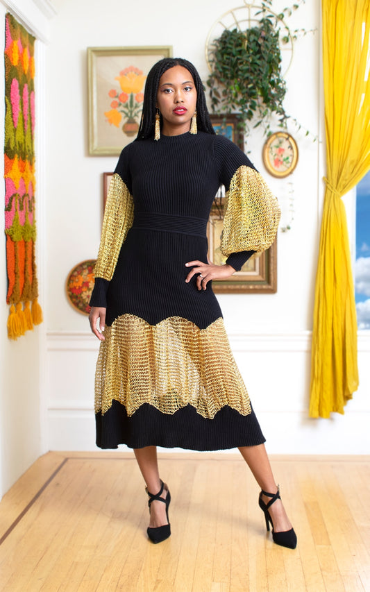 Modern 1930s 30s Art Deco Inspired Metallic Gold & Black Knit Dress Birthday Life Vintage